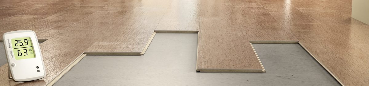 Process of laying laminate panels on floor with underfloor heating, 3d illustration